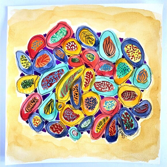 Spicy Original Wall Art Abstract Watercolor Painting Matted Frame Ready 12x12in - Picture 3 of 5